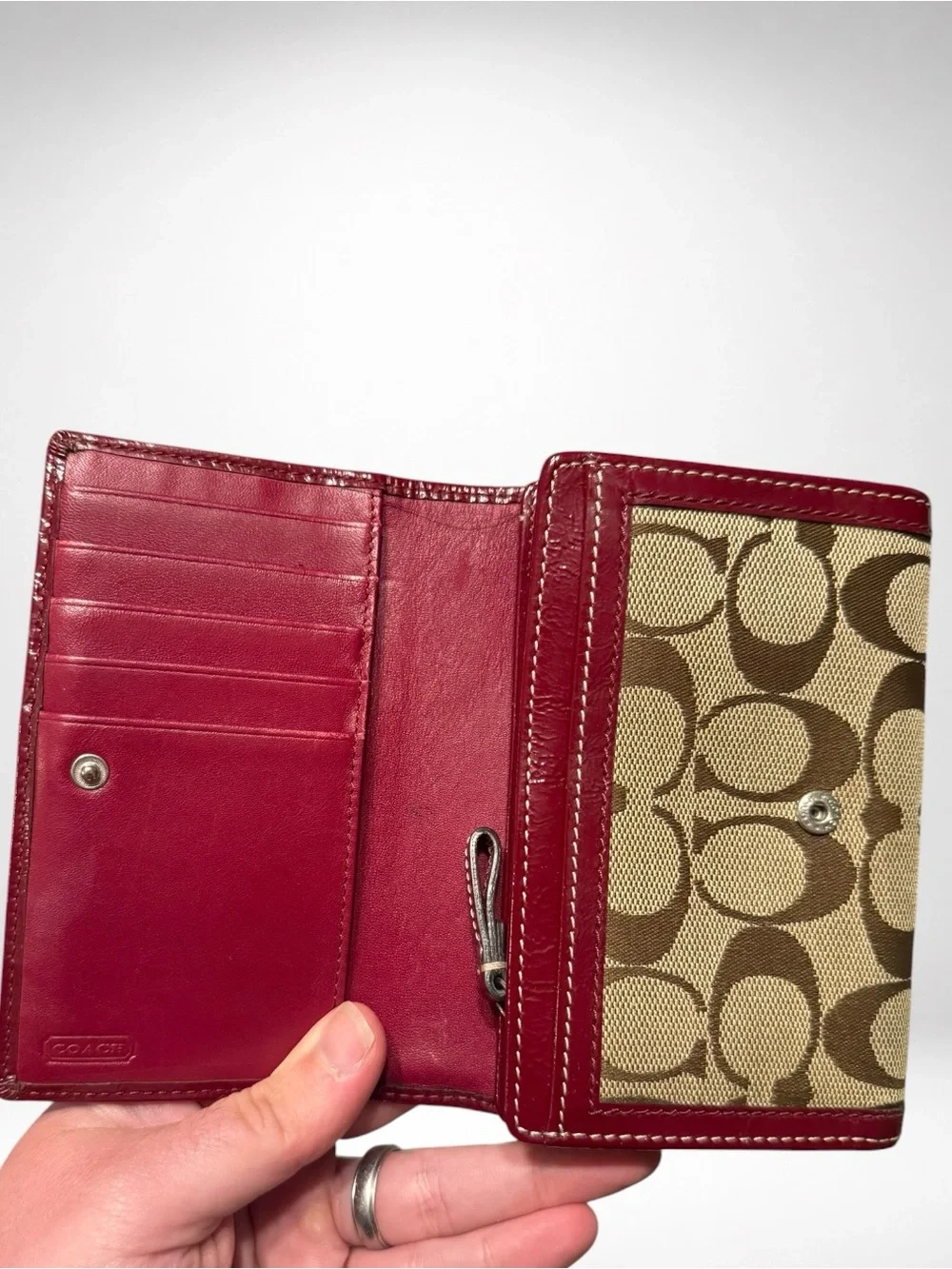 COACH Signature Canvas Leather Trifold Wallet Red Khaki Logo Wallet Y2K Vintage